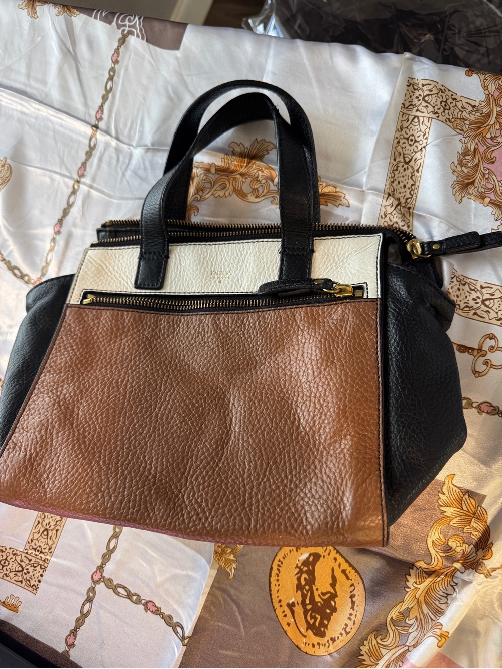 Fossil Tri-Color Pebbled Leather Satchel — Black, Brown & Cream
